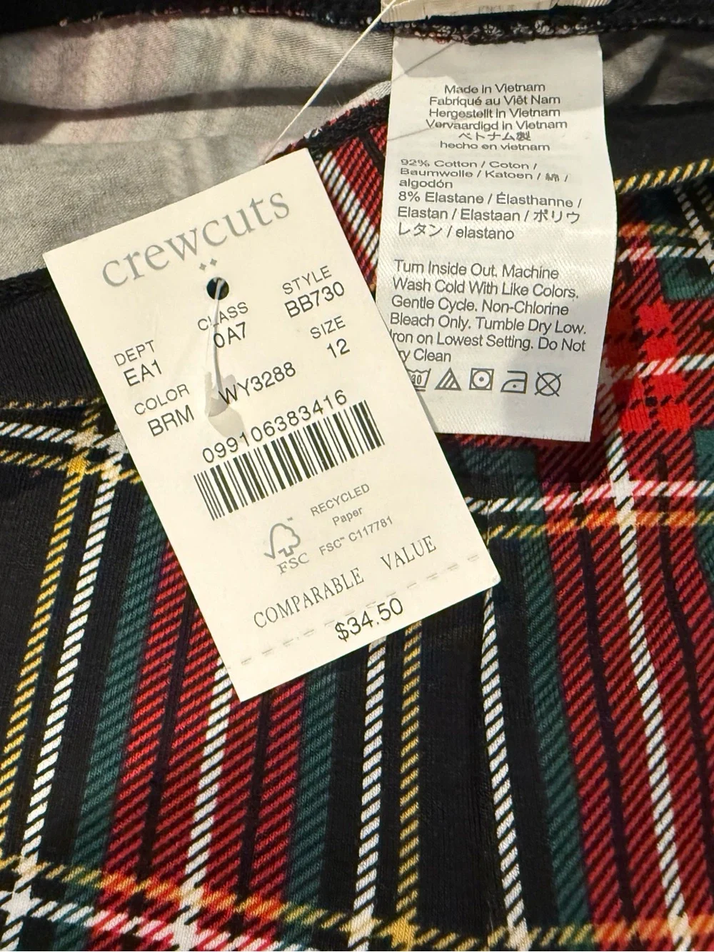 Crewcuts Tartan Plaid Leggings Size 12 NWT